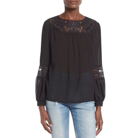 FREE PEOPLE For Love & Lemons Sacramento Blouse Black Sheer Lace Long Sleeves S - Picture 1 of 16